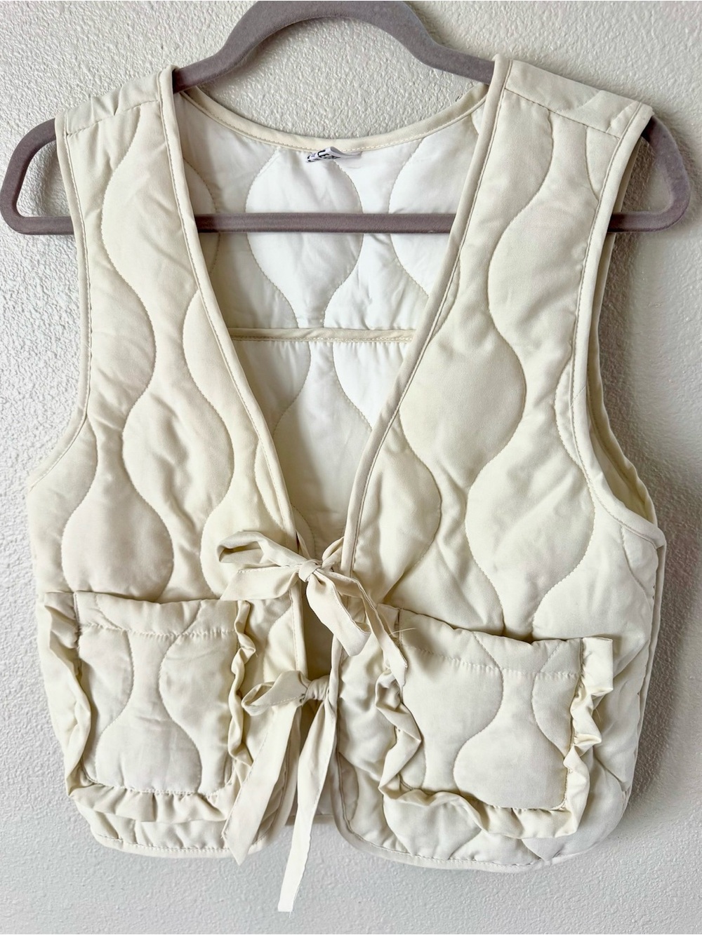 Double Zero Cream Quilted Tie-Front Vest with Patch Pockets